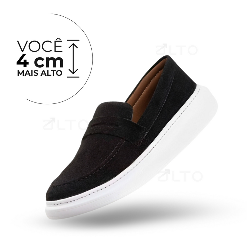 Mocassim Evans  - Couro Camurça - Aumenta Altura 4cm - Preto - Masculino