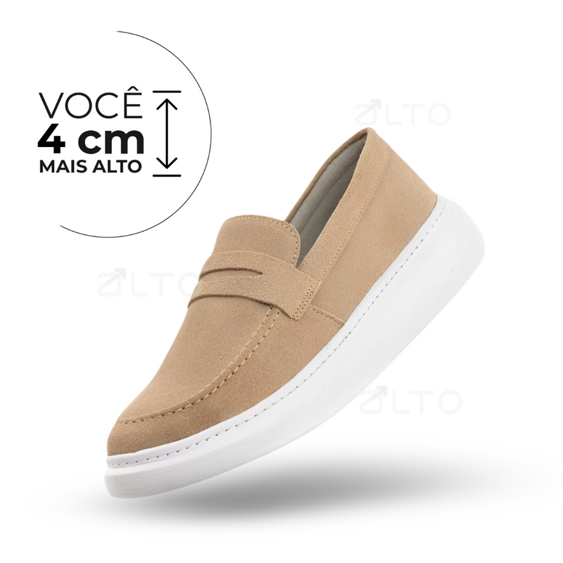 Mocassim James - Couro Camurça - Aumenta Altura 4cm - Bege - Masculino