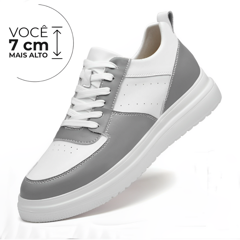 Tênis Casual Sopro - Aumenta Altura 7 cm - Couro - Cinza e Branco - Masculino