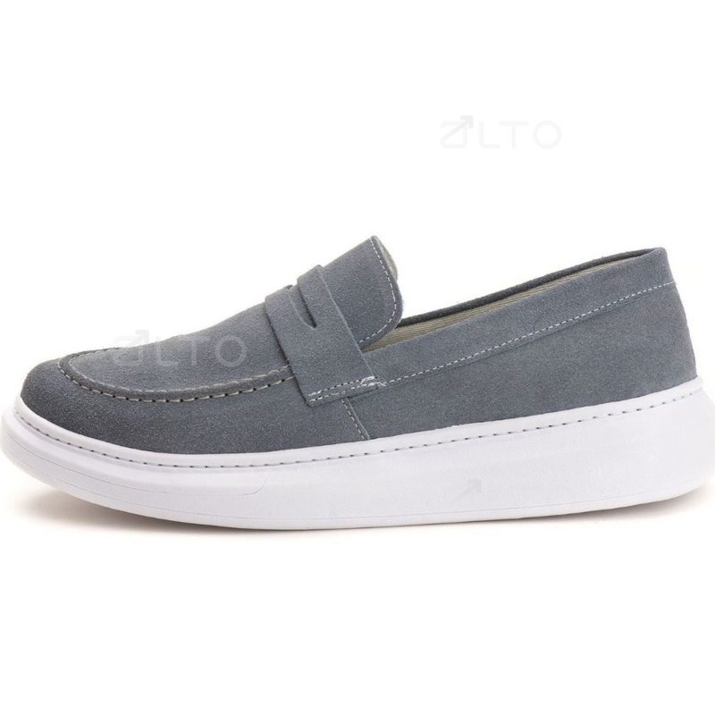 Mocassim Teodoro - Couro Camurça - Aumenta Altura 4cm - Cinza- Masculino