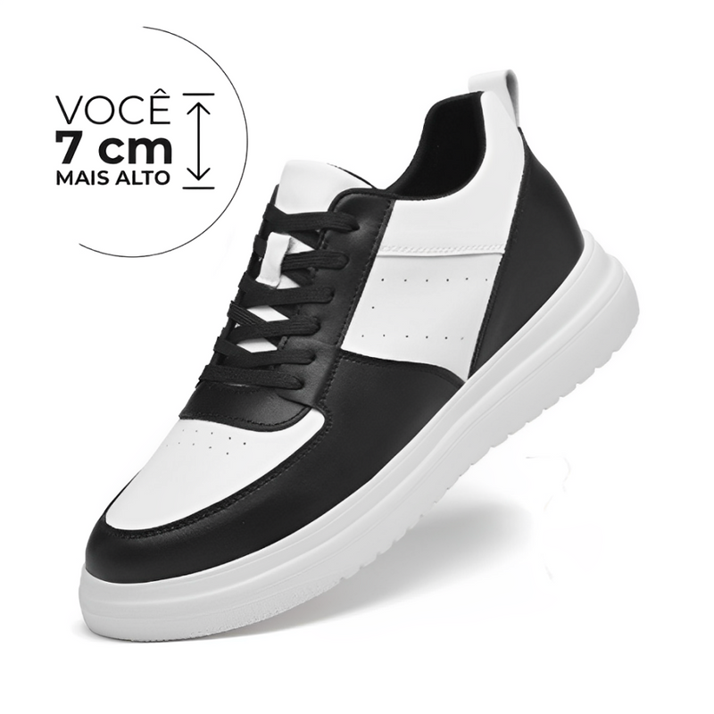 Tênis Casual Nébula - Aumenta Altura 7 cm - Couro - Preto e Branco - Masculino