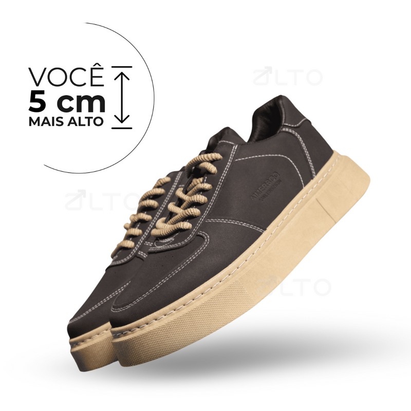 Tênis Casual Safira - Aumenta Altura 5cm - Couro - Preto- Masculino