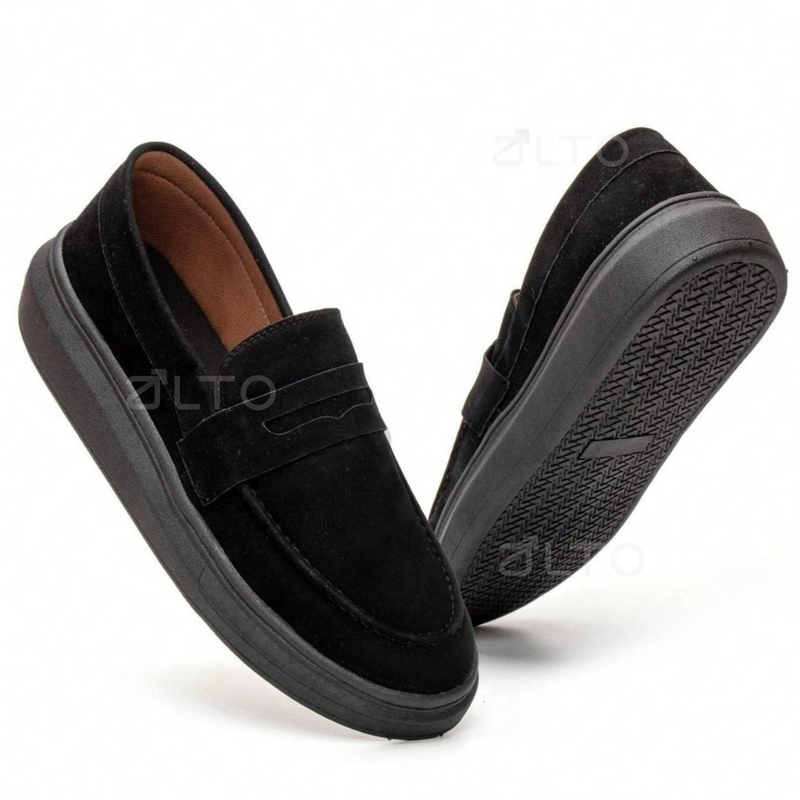 Mocassim Edward  - Couro Camurça - Aumenta Altura 4cm - Preto - Masculino