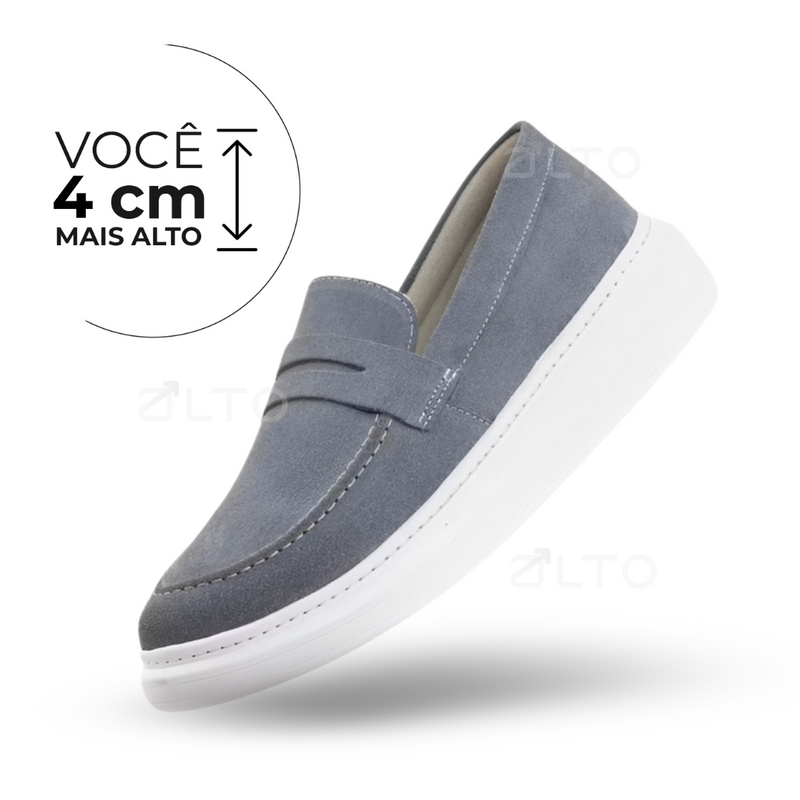 Mocassim Teodoro - Couro Camurça - Aumenta Altura 4cm - Cinza- Masculino